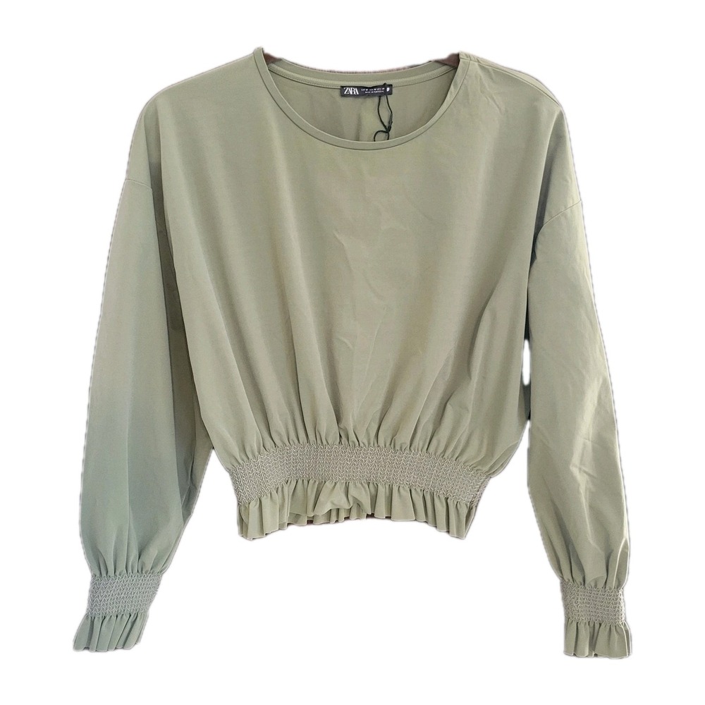 Zara Long Sleeve Crop Shirt M Olive Green‎ Trendy Casual Boho Romantic